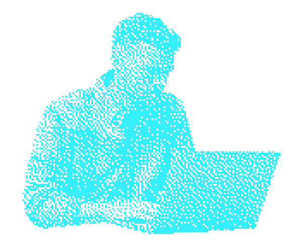Pixel art figure at desk